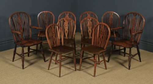 fig 3. Antique English Set Of 10 Ten Ash & Elm Windsor Wheel Back Kitchen Chairs (Circa 1900 - 1930)