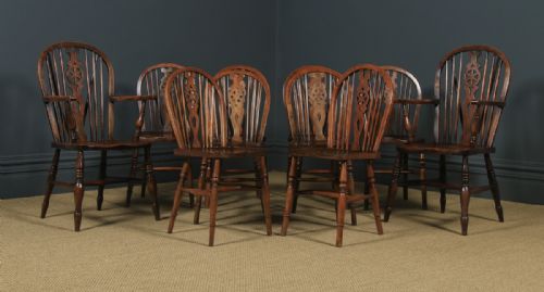 fig 4. Antique English Set Of 10 Ten Ash & Elm Windsor Wheel Back Kitchen Chairs (Circa 1900 - 1930)