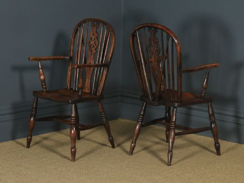 fig 5. Antique English Set Of 10 Ten Ash & Elm Windsor Wheel Back Kitchen Chairs (Circa 1900 - 1930)