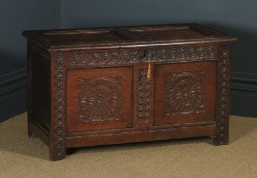 Antique English Charles II Oak Carved Twin Panel Coffer Chest Blanket Box Trunk (Circa 1680)