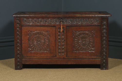 fig 1. Antique English Charles II Oak Carved Twin Panel Coffer Chest Blanket Box Trunk (Circa 1680)