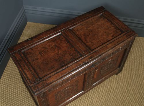 fig 2. Antique English Charles II Oak Carved Twin Panel Coffer Chest Blanket Box Trunk (Circa 1680)