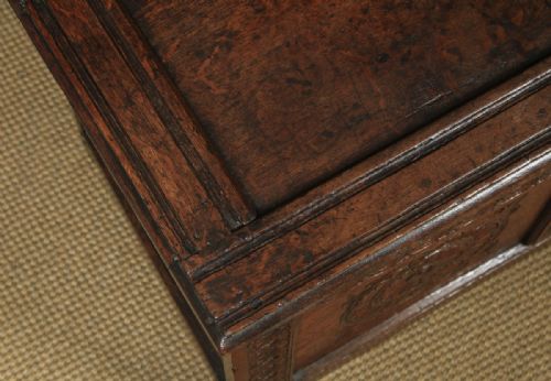 fig 3. Antique English Charles II Oak Carved Twin Panel Coffer Chest Blanket Box Trunk (Circa 1680)