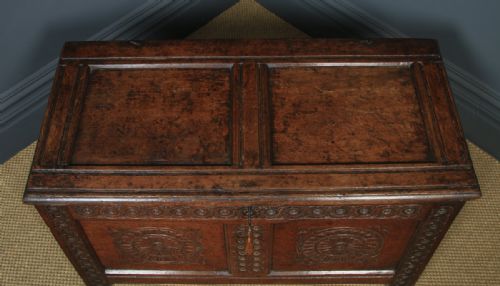 fig 4. Antique English Charles II Oak Carved Twin Panel Coffer Chest Blanket Box Trunk (Circa 1680)