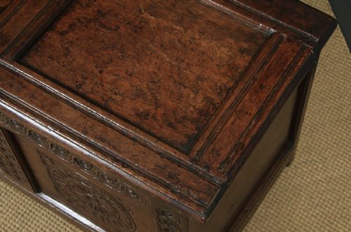fig 5. Antique English Charles II Oak Carved Twin Panel Coffer Chest Blanket Box Trunk (Circa 1680)