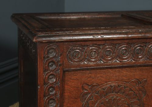 fig 6. Antique English Charles II Oak Carved Twin Panel Coffer Chest Blanket Box Trunk (Circa 1680)