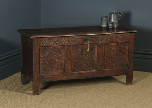 Antique English 17th Century Charles II Oak Carved Three Panel Coffer Chest Blanket Box Trunk (Circa 1680)