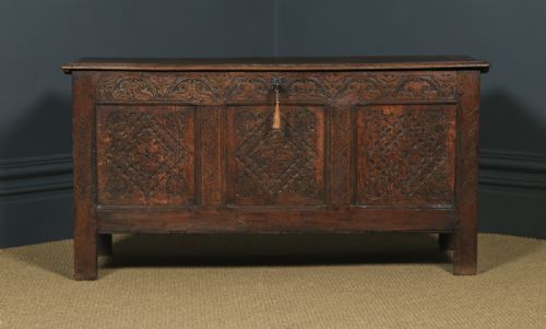 fig 1. Antique English 17th Century Charles II Oak Carved Three Panel Coffer Chest Blanket Box Trunk (Circa 1680)