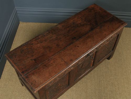 fig 2. Antique English 17th Century Charles II Oak Carved Three Panel Coffer Chest Blanket Box Trunk (Circa 1680)