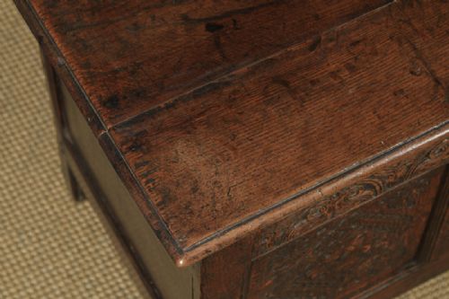 fig 3. Antique English 17th Century Charles II Oak Carved Three Panel Coffer Chest Blanket Box Trunk (Circa 1680)