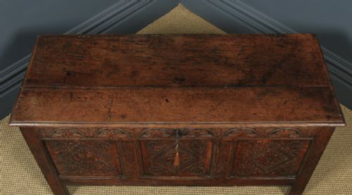 fig 4. Antique English 17th Century Charles II Oak Carved Three Panel Coffer Chest Blanket Box Trunk (Circa 1680)