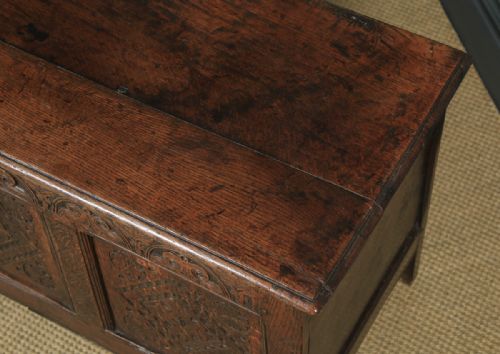 fig 5. Antique English 17th Century Charles II Oak Carved Three Panel Coffer Chest Blanket Box Trunk (Circa 1680)