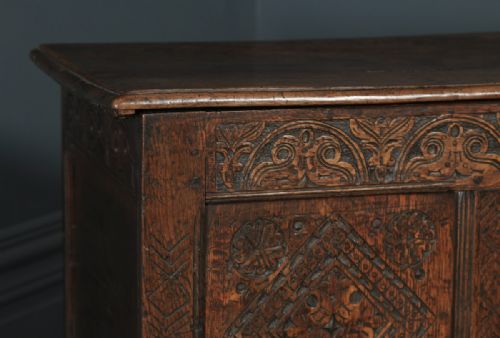 fig 6. Antique English 17th Century Charles II Oak Carved Three Panel Coffer Chest Blanket Box Trunk (Circa 1680)