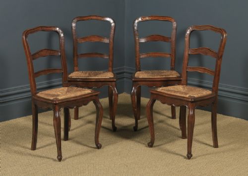 Antique French Set of 4 Four Louis XV Style Oak Ladder Back Kitchen Dining Chairs (Circa 1910)