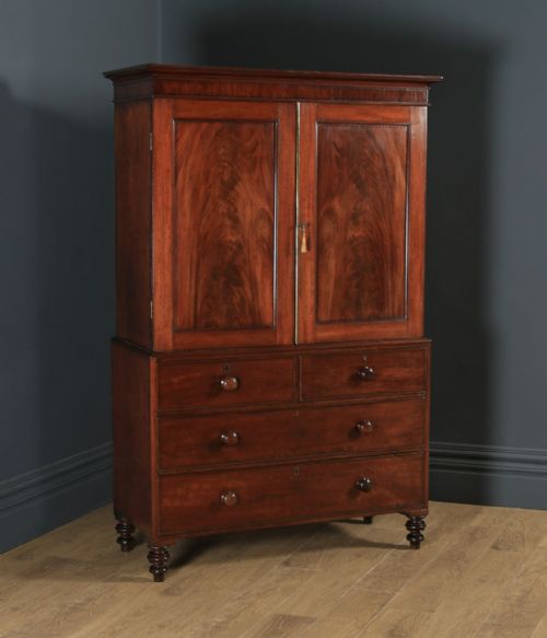Antique English Victorian Flame Mahogany Linen Press Wardrobe (Circa 1840)