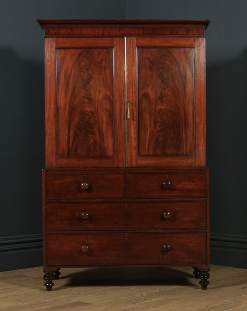 fig 1. Antique English Victorian Flame Mahogany Linen Press Wardrobe (Circa 1840)