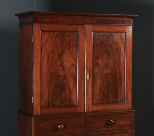 fig 2. Antique English Victorian Flame Mahogany Linen Press Wardrobe (Circa 1840)