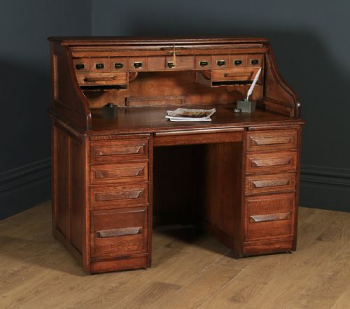 Antique English Edwardian 4ft” Solid Oak Roll Top Pedestal Office Desk (Circa 1910)