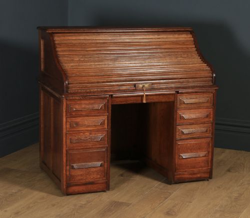 fig 1. Antique English Edwardian 4ft” Solid Oak Roll Top Pedestal Office Desk (Circa 1910)