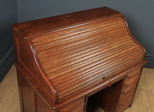 fig 2. Antique English Edwardian 4ft” Solid Oak Roll Top Pedestal Office Desk (Circa 1910)