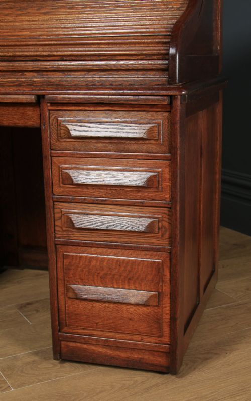 fig 4. Antique English Edwardian 4ft” Solid Oak Roll Top Pedestal Office Desk (Circa 1910)