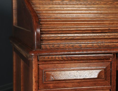 fig 5. Antique English Edwardian 4ft” Solid Oak Roll Top Pedestal Office Desk (Circa 1910)