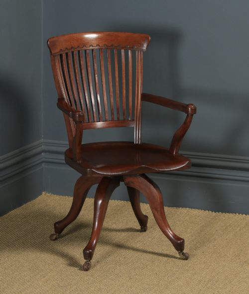 Antique English Victorian Mahogany Revolving High Back Office Desk Arm Chair (Circa 1880)