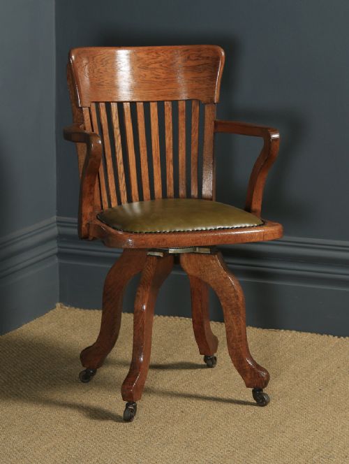 Antique English Edwardian Solid Oak & Green Leather Revolving Office Desk Arm Chair (Circa 1910)