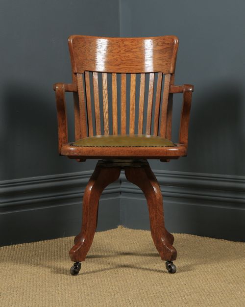 fig 1. Antique English Edwardian Solid Oak & Green Leather Revolving Office Desk Arm Chair (Circa 1910)