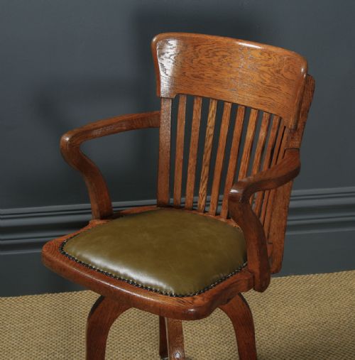 fig 2. Antique English Edwardian Solid Oak & Green Leather Revolving Office Desk Arm Chair (Circa 1910)