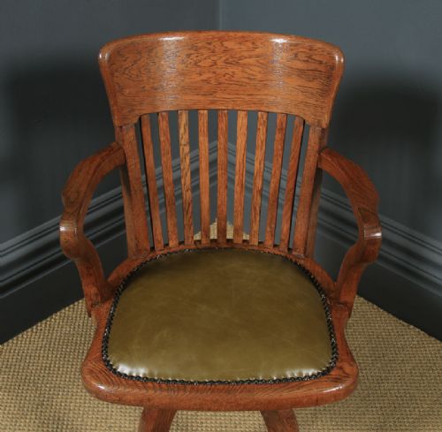 fig 3. Antique English Edwardian Solid Oak & Green Leather Revolving Office Desk Arm Chair (Circa 1910)