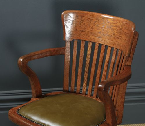 fig 4. Antique English Edwardian Solid Oak & Green Leather Revolving Office Desk Arm Chair (Circa 1910)