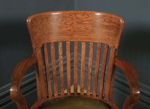 fig 5. Antique English Edwardian Solid Oak & Green Leather Revolving Office Desk Arm Chair (Circa 1910)