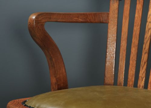 fig 6. Antique English Edwardian Solid Oak & Green Leather Revolving Office Desk Arm Chair (Circa 1910)