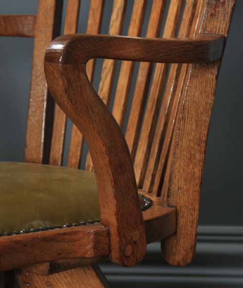 fig 7. Antique English Edwardian Solid Oak & Green Leather Revolving Office Desk Arm Chair (Circa 1910)