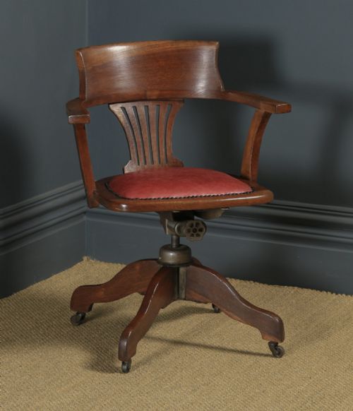 Antique English Edwardian Solid Oak & Red Leather Revolving Office Desk Arm Chair (Circa 1910)