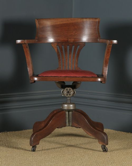 fig 1. Antique English Edwardian Solid Oak & Red Leather Revolving Office Desk Arm Chair (Circa 1910)