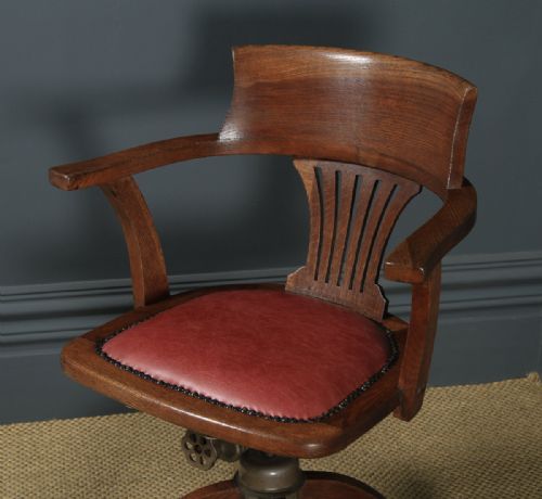 fig 2. Antique English Edwardian Solid Oak & Red Leather Revolving Office Desk Arm Chair (Circa 1910)