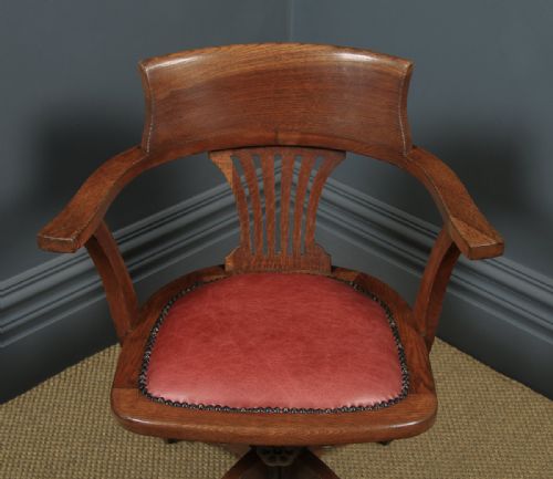 fig 3. Antique English Edwardian Solid Oak & Red Leather Revolving Office Desk Arm Chair (Circa 1910)
