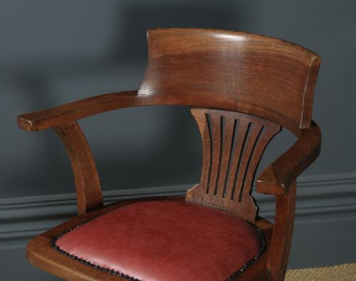 fig 4. Antique English Edwardian Solid Oak & Red Leather Revolving Office Desk Arm Chair (Circa 1910)