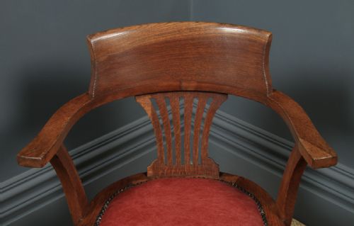 fig 5. Antique English Edwardian Solid Oak & Red Leather Revolving Office Desk Arm Chair (Circa 1910)