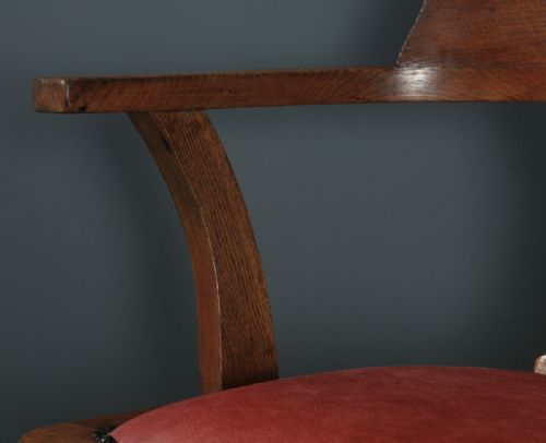 fig 6. Antique English Edwardian Solid Oak & Red Leather Revolving Office Desk Arm Chair (Circa 1910)