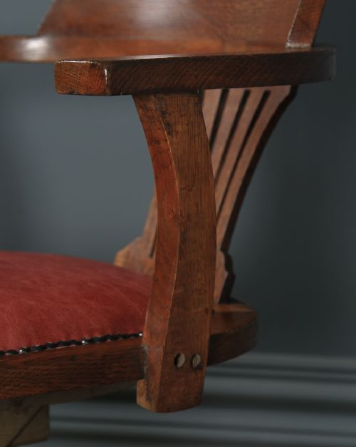 fig 7. Antique English Edwardian Solid Oak & Red Leather Revolving Office Desk Arm Chair (Circa 1910)