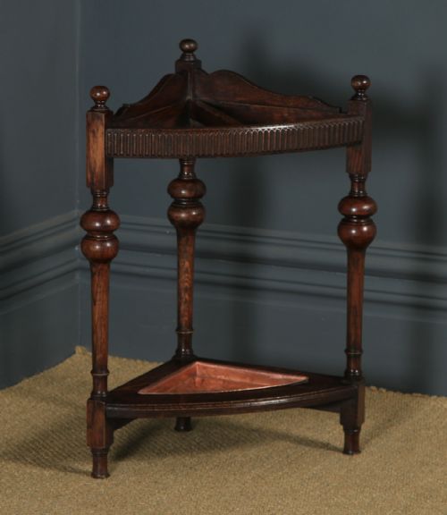 Antique English George V Solid Oak & Copper Stick & Umbrella Hall Corner Stand (Circa 1920)