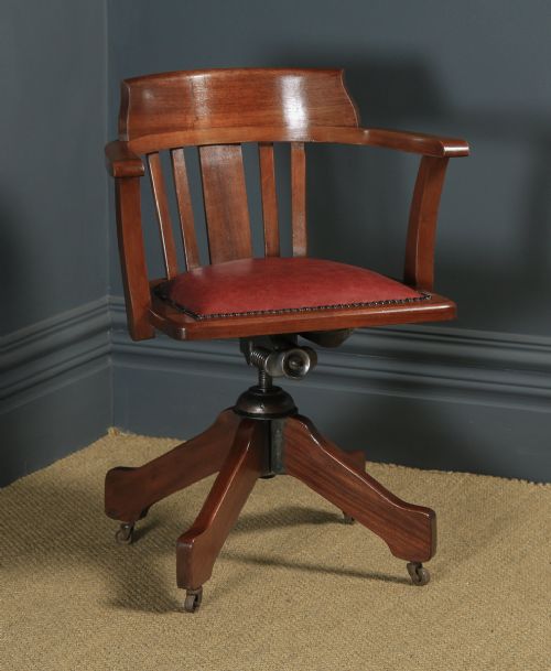Antique English Edwardian Solid Mahogany & Red Leather Revolving Office Desk Arm Chair (Circa 1910 - 1920)
