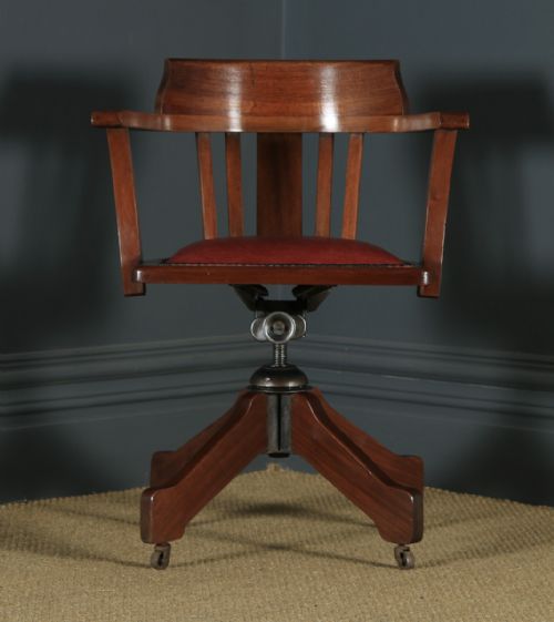 fig 1. Antique English Edwardian Solid Mahogany & Red Leather Revolving Office Desk Arm Chair (Circa 1910 - 1920)