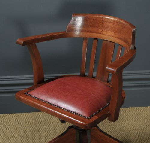 fig 2. Antique English Edwardian Solid Mahogany & Red Leather Revolving Office Desk Arm Chair (Circa 1910 - 1920)