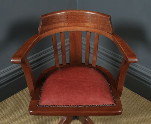 fig 3. Antique English Edwardian Solid Mahogany & Red Leather Revolving Office Desk Arm Chair (Circa 1910 - 1920)