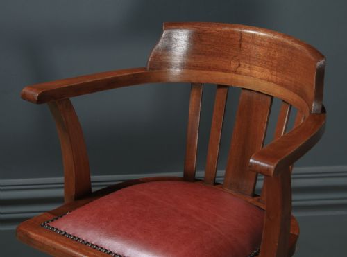 fig 4. Antique English Edwardian Solid Mahogany & Red Leather Revolving Office Desk Arm Chair (Circa 1910 - 1920)