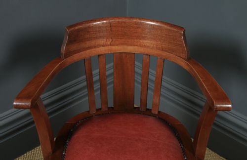 fig 5. Antique English Edwardian Solid Mahogany & Red Leather Revolving Office Desk Arm Chair (Circa 1910 - 1920)